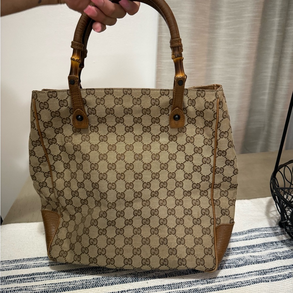 VINTAGE Gucci Brown Monogram Canvas Bag with Bamboo Handles- Y2K Style